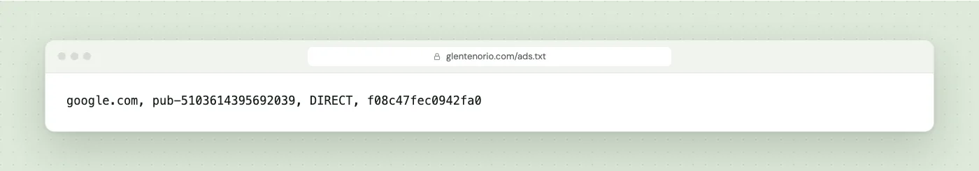 The ads.txt file for glentenorio.com shown in a browser, one line of text