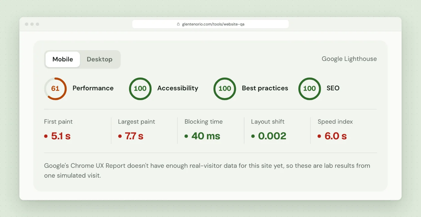 Lighthouse category scores and lab metrics for a mobile test, as displayed by the Website QA tool