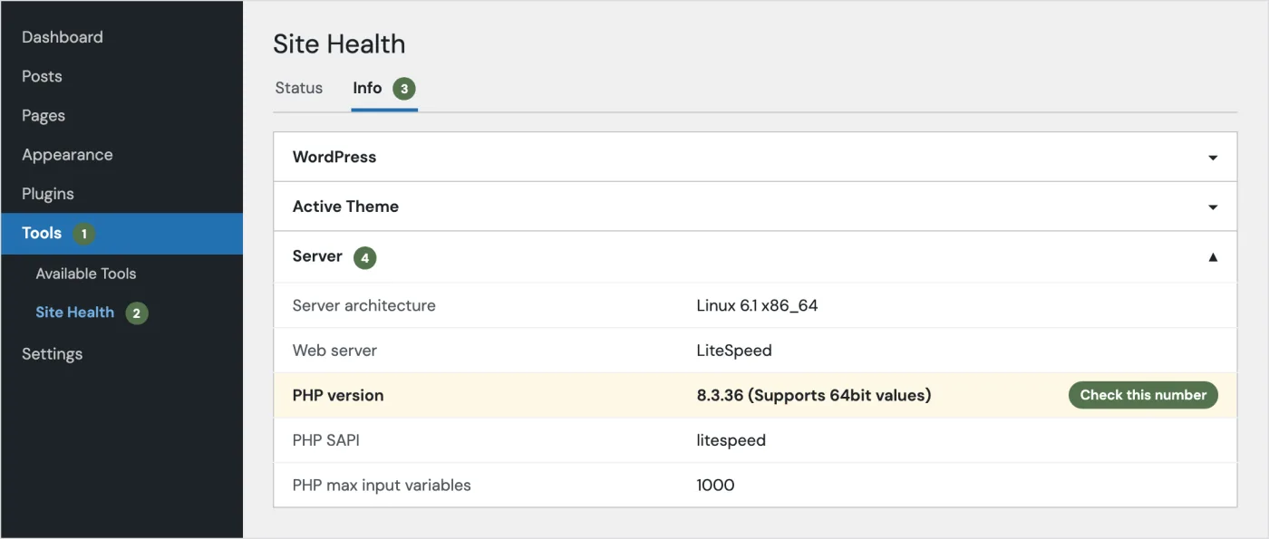 Illustration of the WordPress Site Health screen with the PHP version row highlighted under Info, Server