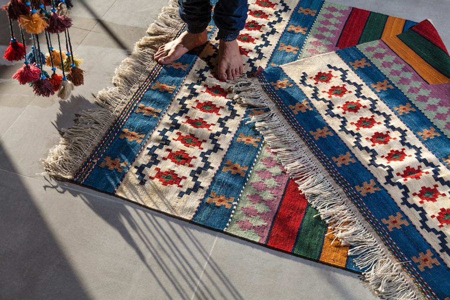 Handwoven textiles and rugs in warm tones