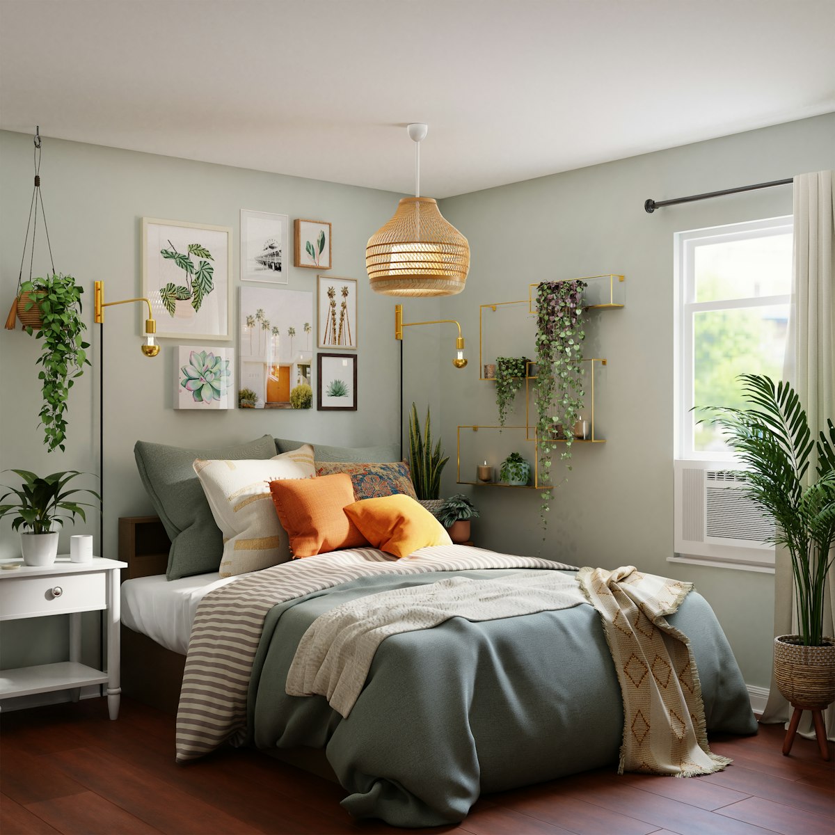 A warm, styled bedroom with handmade textiles
